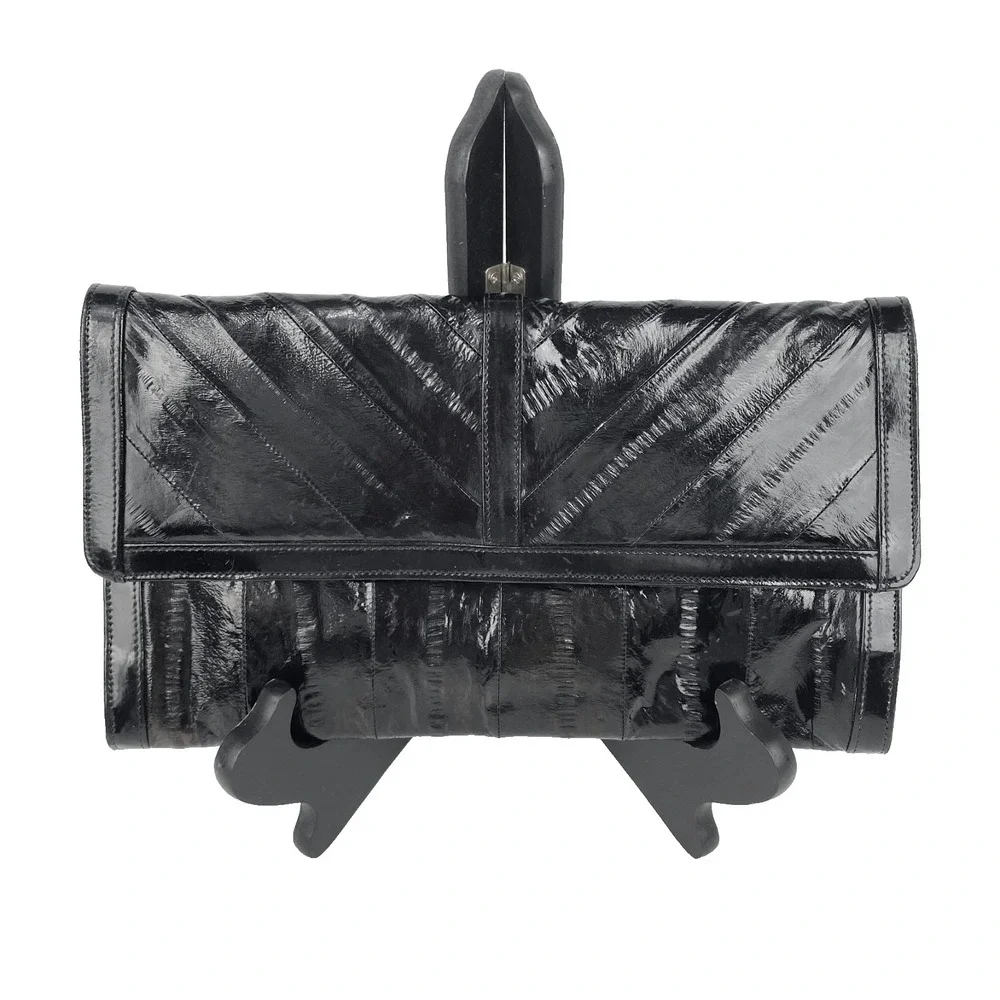 Leather of the Sea Eel Skin Leather Clutch Black Purse Satchel Handbag Bag